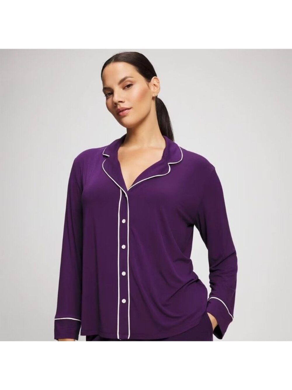 NEW Soma Cool Nights Womens M Pajama Top Notch Collar Blackberry Wine Lounge